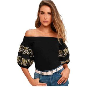 Free People Rock With It Black Embroidered Off the Shoulder Top